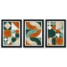 Set of 3 Orange and Green Geometric Shapes Framed Art Prints with Vermeer Black Frames