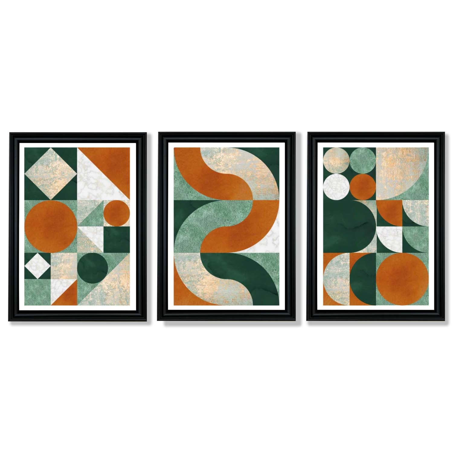 Set of 3 Orange and Green Geometric Shapes Framed Art Prints with Vermeer Black Frames