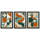 Set of 3 Orange and Green Geometric Shapes Framed Art Prints with Vermeer Black and Gold Frames