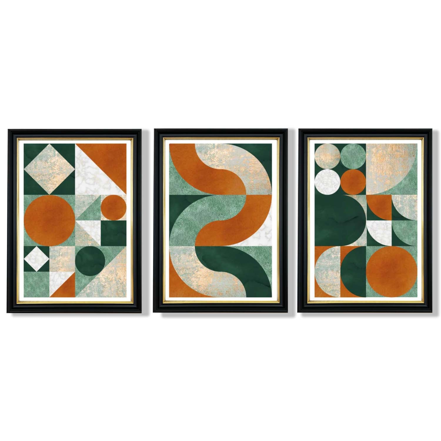 Set of 3 Orange and Green Geometric Shapes Framed Art Prints with Vermeer Black and Gold Frames