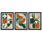 Set of 3 Orange and Green Geometric Shapes Framed Art Prints with Vermeer Black and Silver Frames