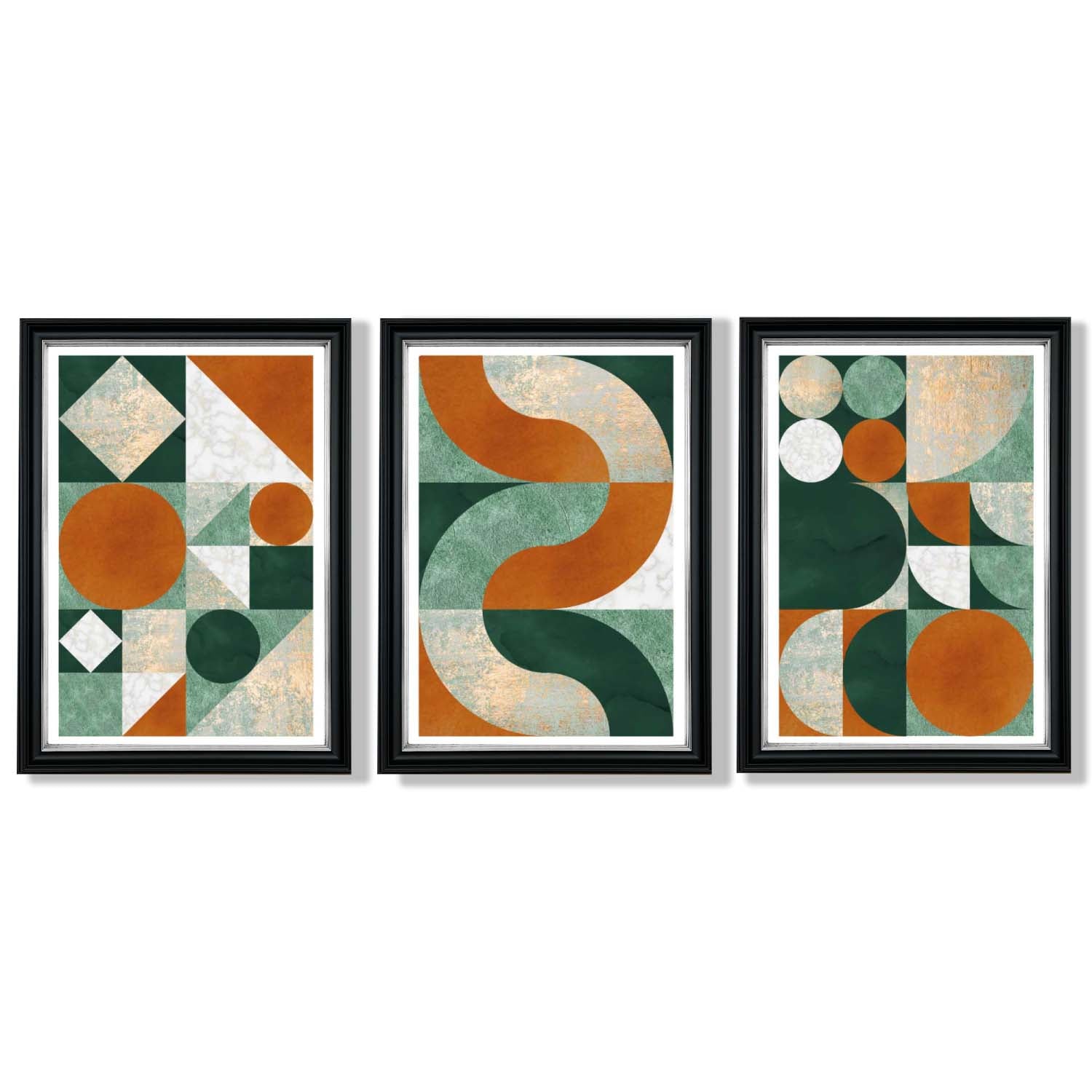 Set of 3 Orange and Green Geometric Shapes Framed Art Prints with Vermeer Black and Silver Frames