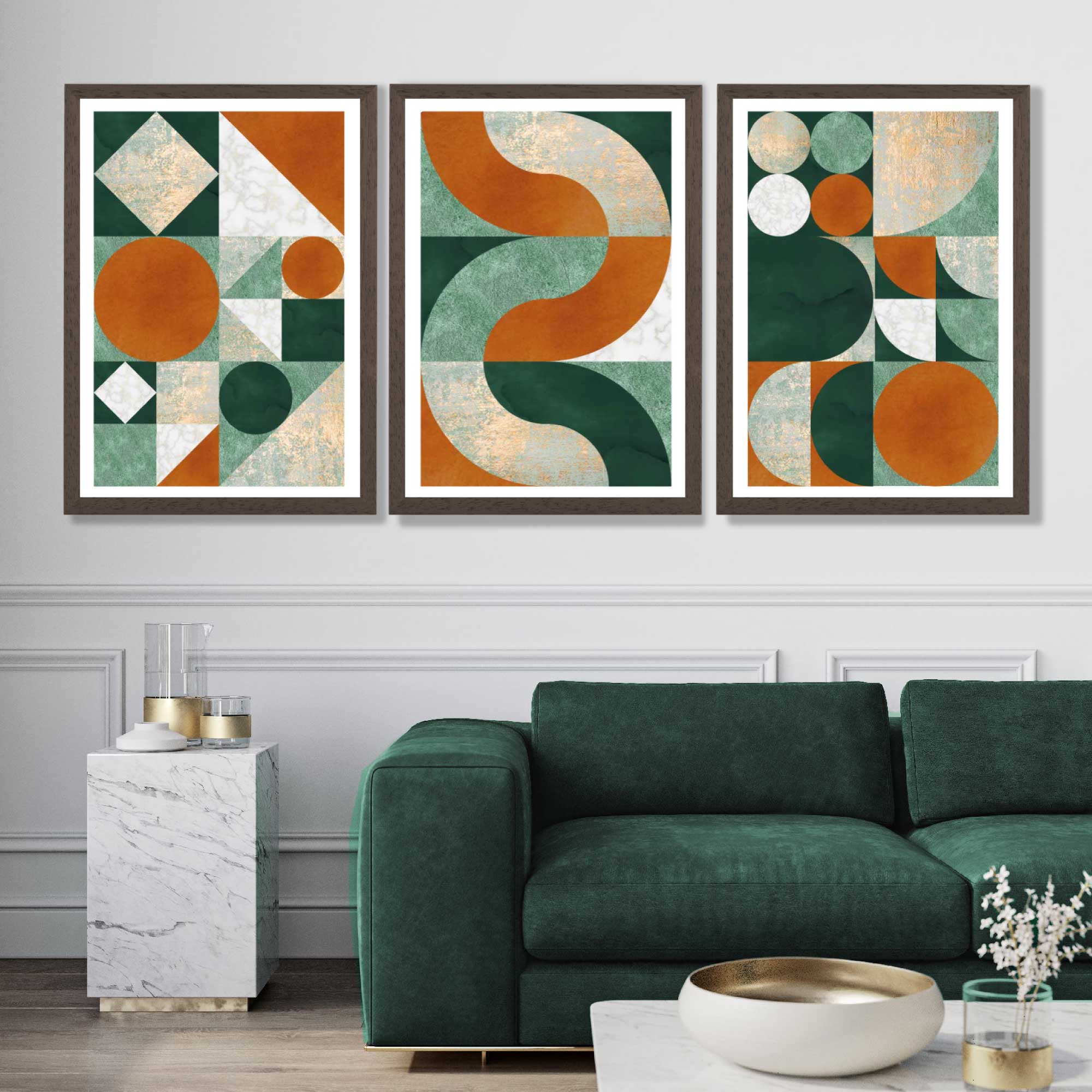 Set of 3 Orange and Green Geometric Shapes Art Prints in Luxury Frames | Artze UK