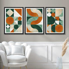 Set of 3 Orange and Green Geometric Shapes Art Prints in Black Frames | Artze UK