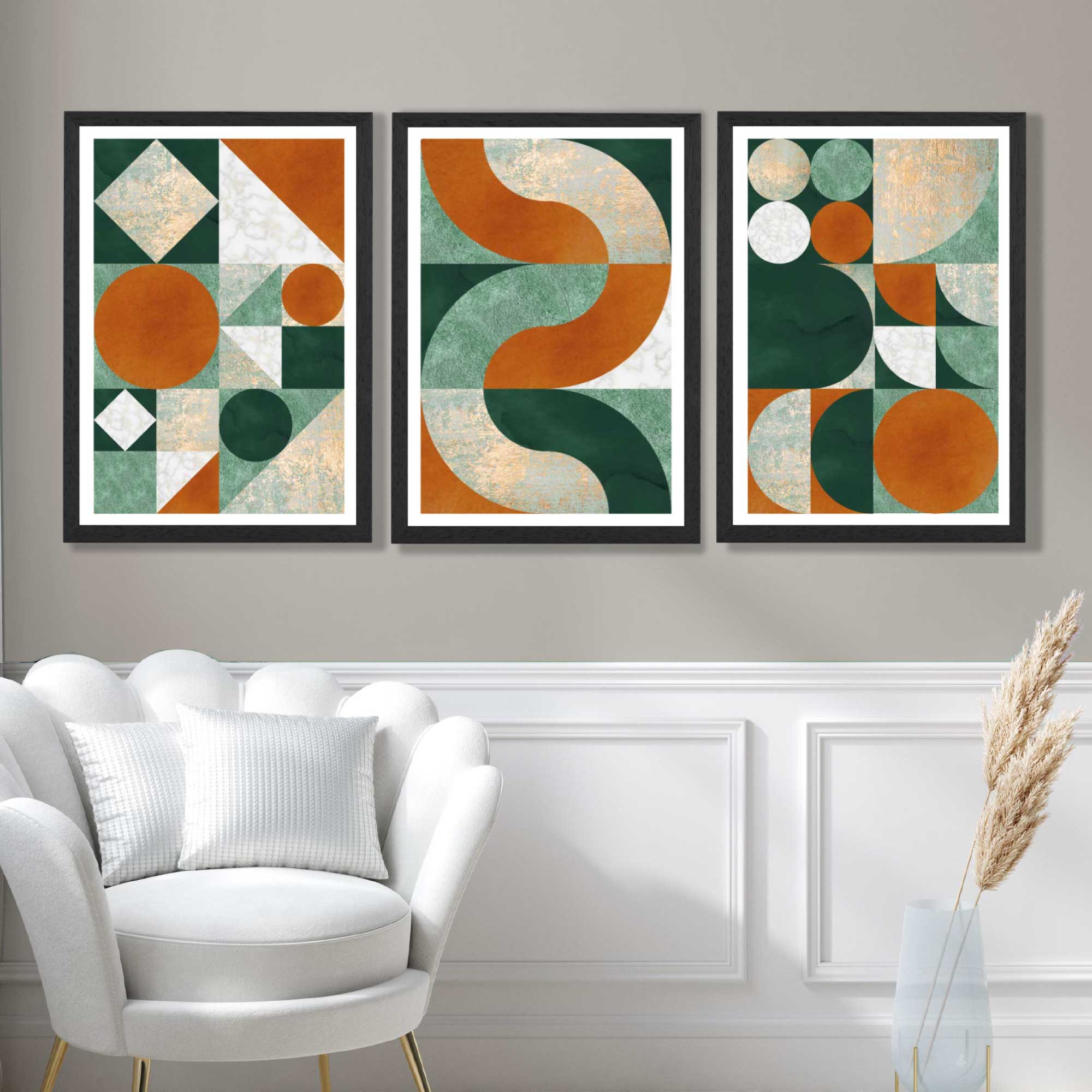 Set of 3 Orange and Green Geometric Shapes Art Prints in Black Frames | Artze UK