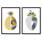 Yellow, Blue Geometric Fruit Pineapple Set of 2 Art Prints with Black Frame