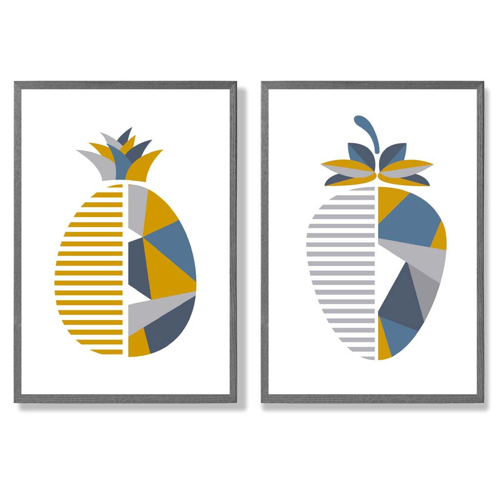 Yellow, Blue Geometric Fruit Pineapple Set of 2 Art Prints with Dark Grey Frame