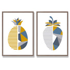 Yellow, Blue Geometric Fruit Pineapple Set of 2 Art Prints with Walnut Frame