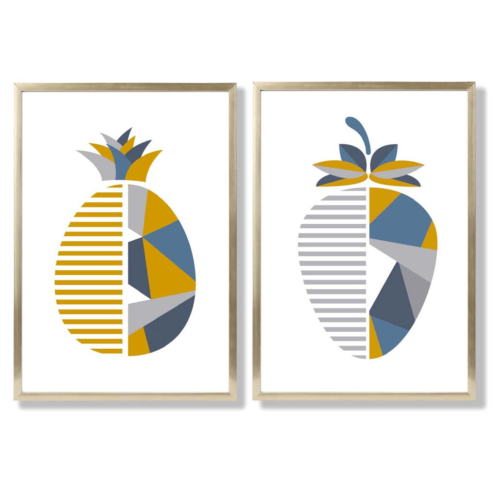 Yellow, Blue Geometric Fruit Pineapple Set of 2 Art Prints with Gold Frame