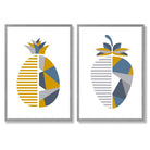 Yellow, Blue Geometric Fruit Pineapple Set of 2 Art Prints with Light Grey Frame