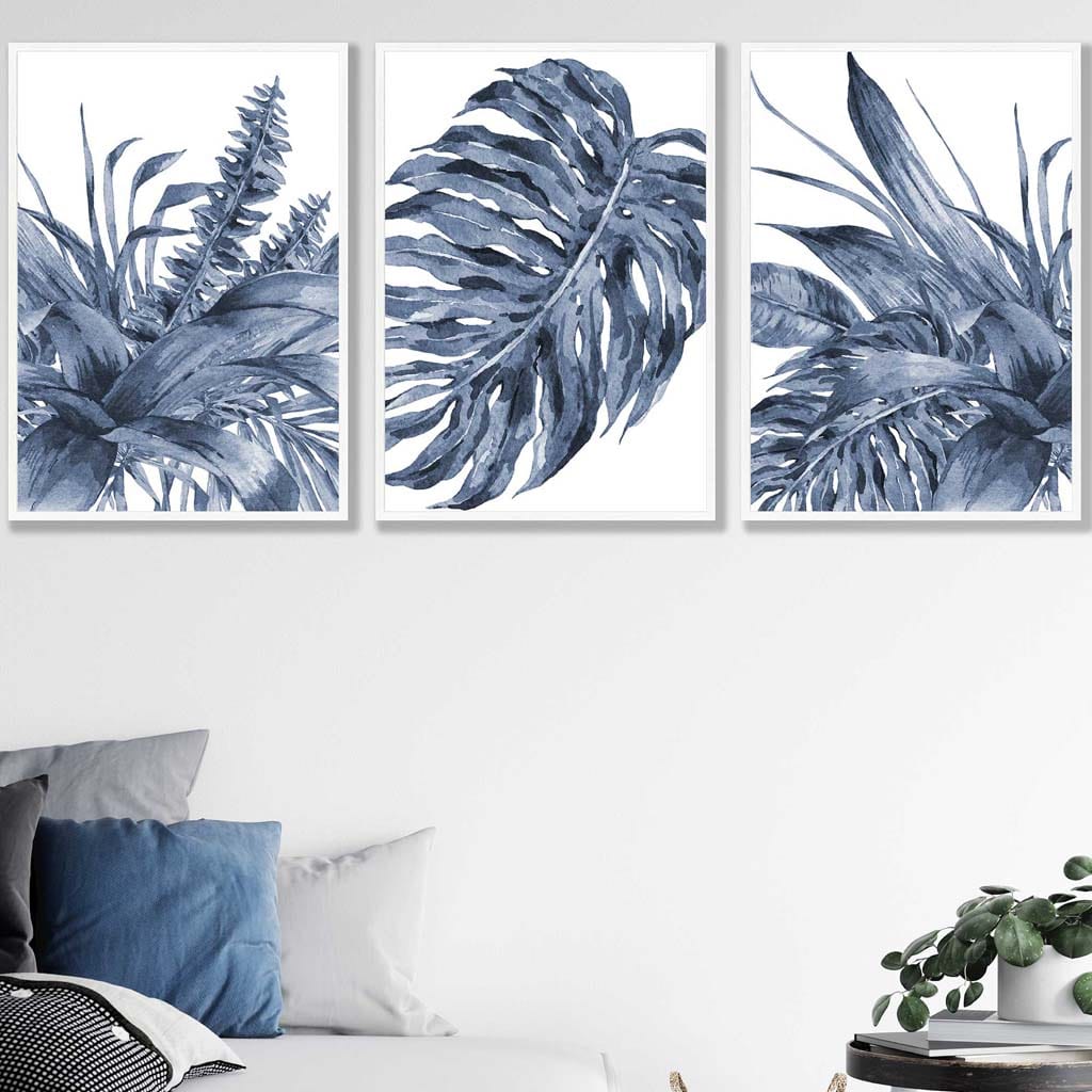 Tropical Leaves Navy Blue Abstract Set of 3 Art Prints