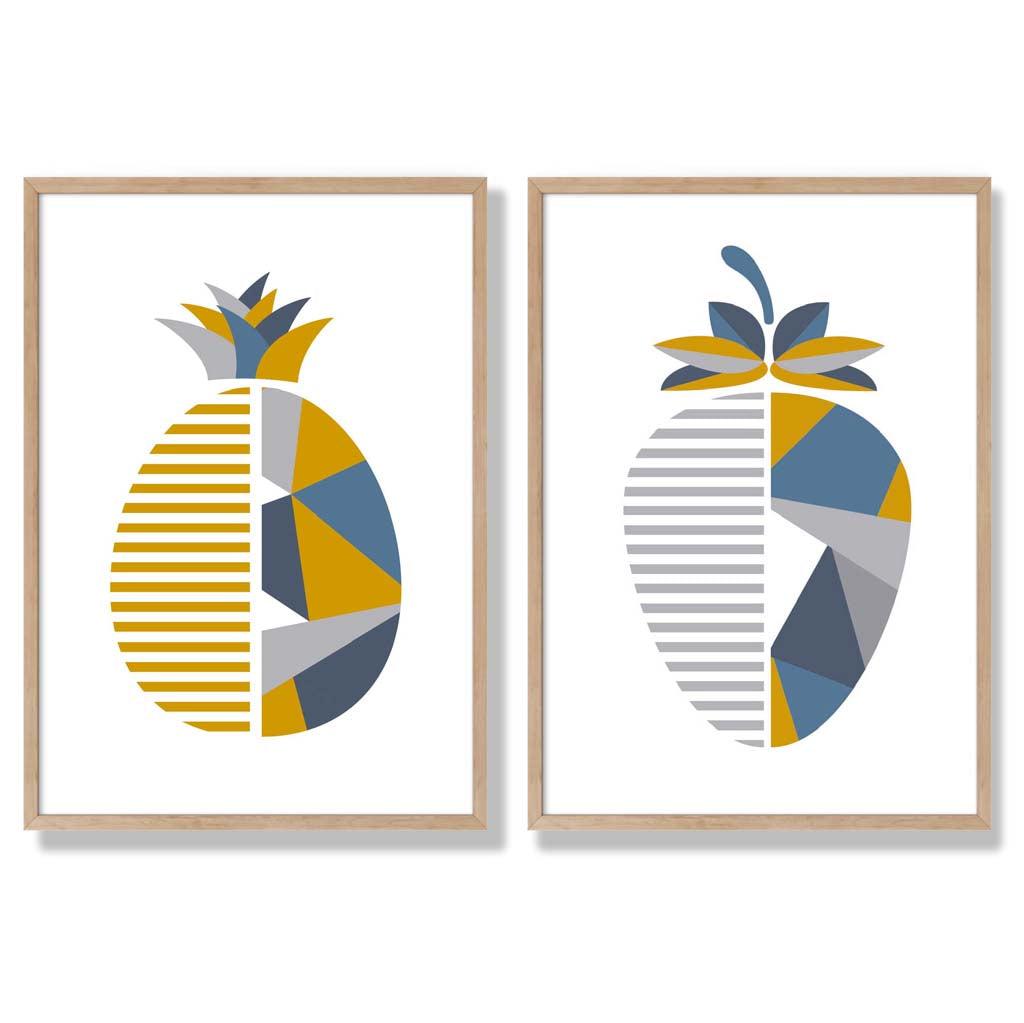 Yellow, Blue Geometric Fruit Pineapple Set of 2 Art Prints with Oak Frame