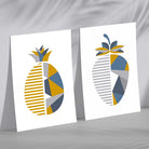 Yellow, Blue Geometric Fruit Pineapple Framed Set of 2 Art Prints