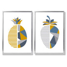 Yellow, Blue Geometric Fruit Pineapple Set of 2 Art Prints with Silver Frame