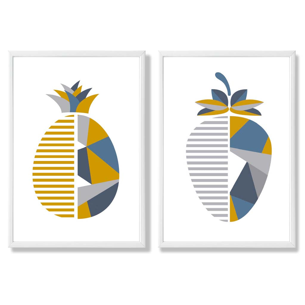 Yellow, Blue Geometric Fruit Pineapple Set of 2 Art Prints with White Frame