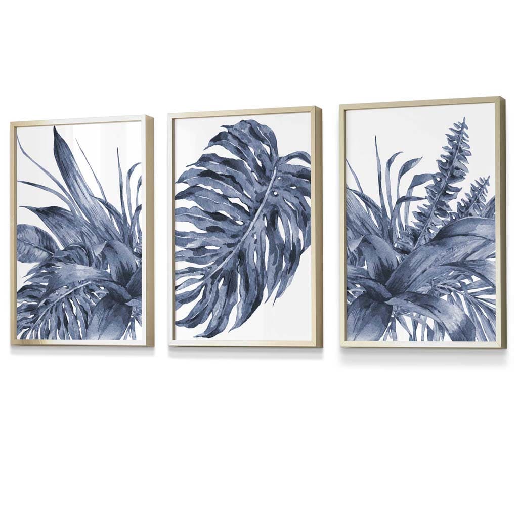 Tropical Leaves Navy Blue Abstract Set of 3 Framed | Artze Wall Art UK