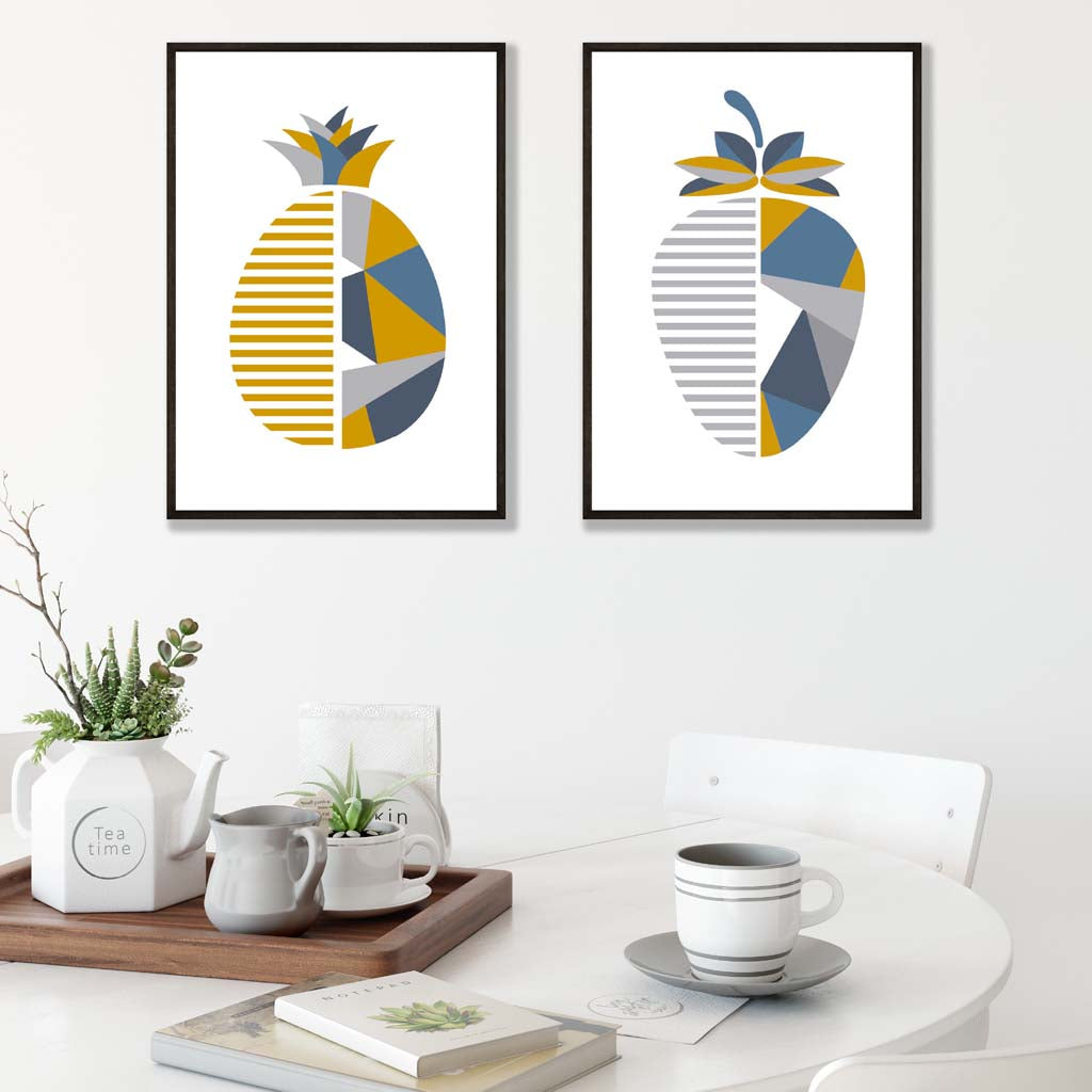 Yellow, Blue Geometric Fruit Pineapple Prints | Artze Wall Art UK