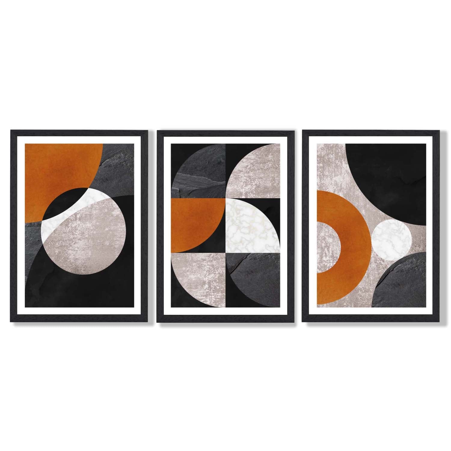 Set of 3 Black and Orange Geometric Circles Framed Art Prints with Black Wooden Frames