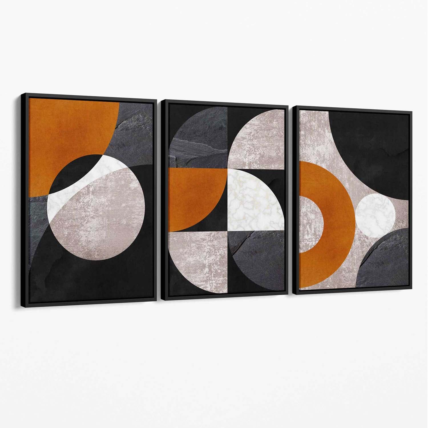 Set of 3 Black and Orange Geometric Circles Canvas Art Prints with Black Float Frame