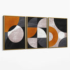 Set of 3 Black and Orange Geometric Circles Canvas Art Prints with Gold Float Frame