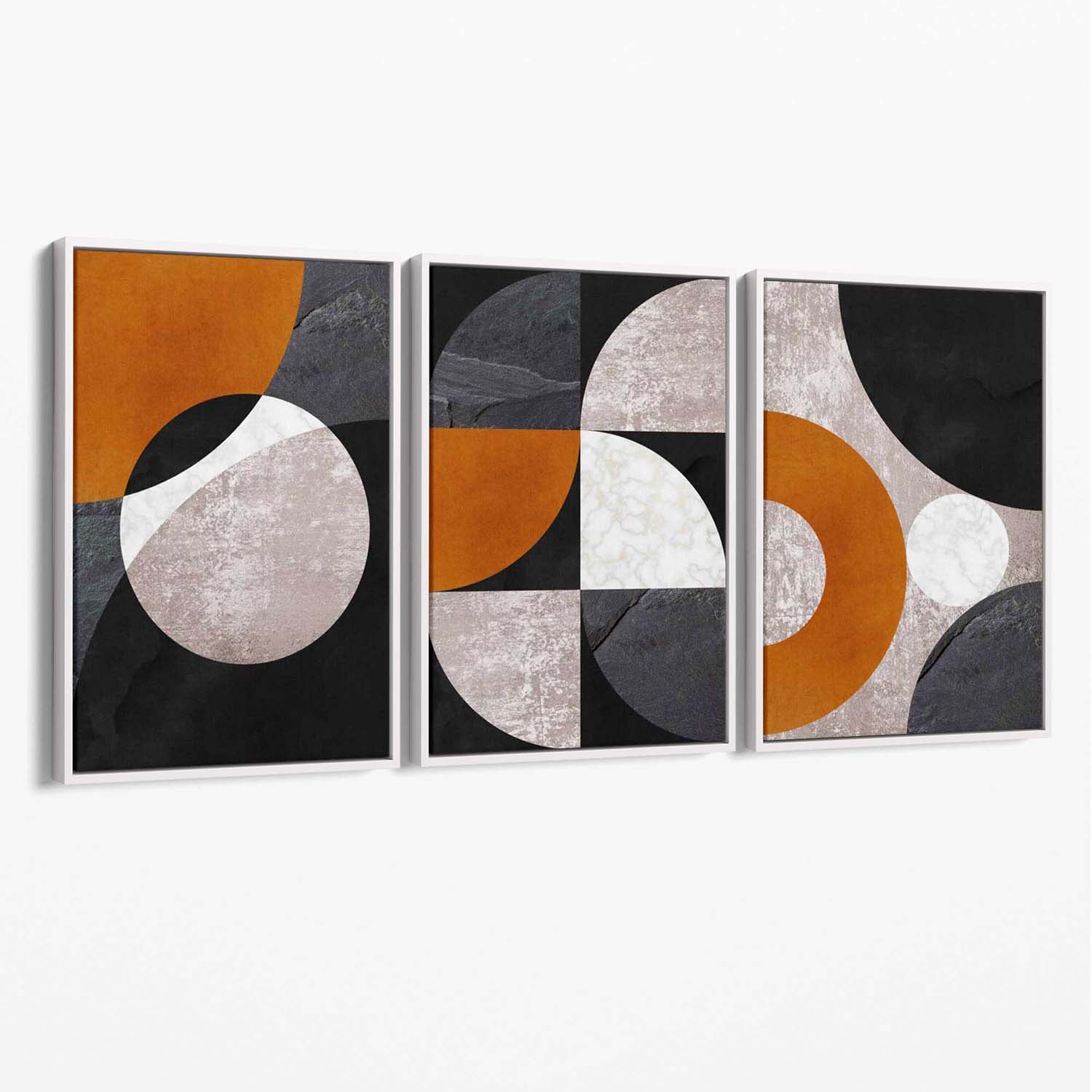 Set of 3 Black and Orange Geometric Circles Canvas Art Prints with White Float Frame