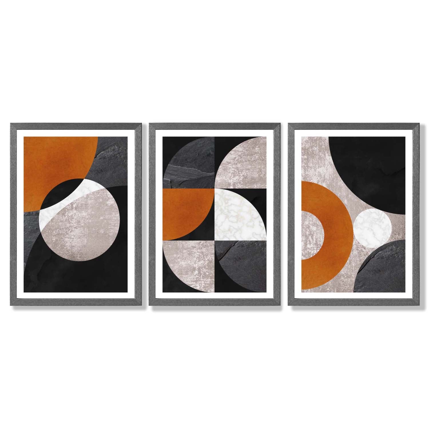 Set of 3 Black and Orange Geometric Circles Framed Art Prints with Dark Grey Wooden Frames