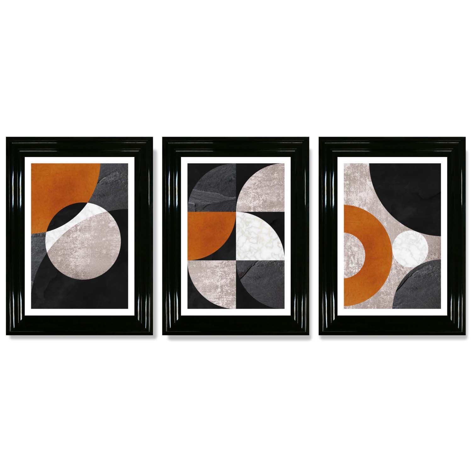 Set of 3 Black and Orange Geometric Circles Framed Art Prints with Glossy Black Frames