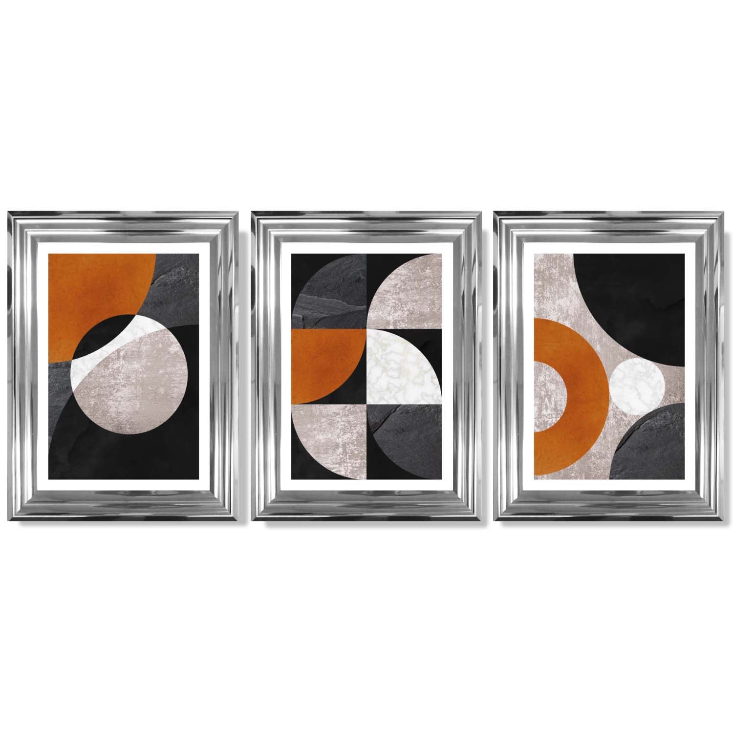 Set of 3 Black and Orange Geometric Circles Framed Art Prints with Glossy Chrome Frames