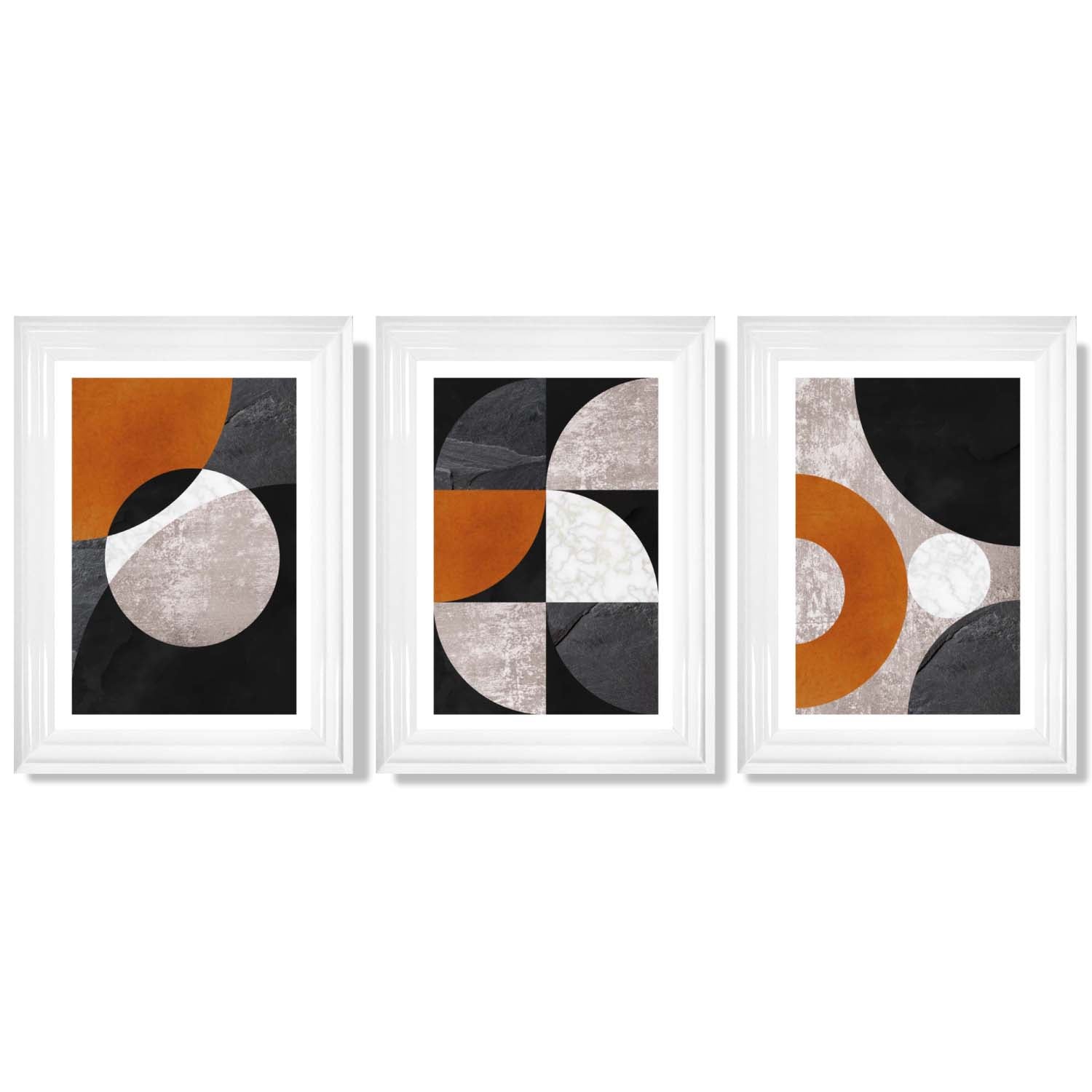 Set of 3 Black and Orange Geometric Circles Framed Art Prints with Glossy White Frames