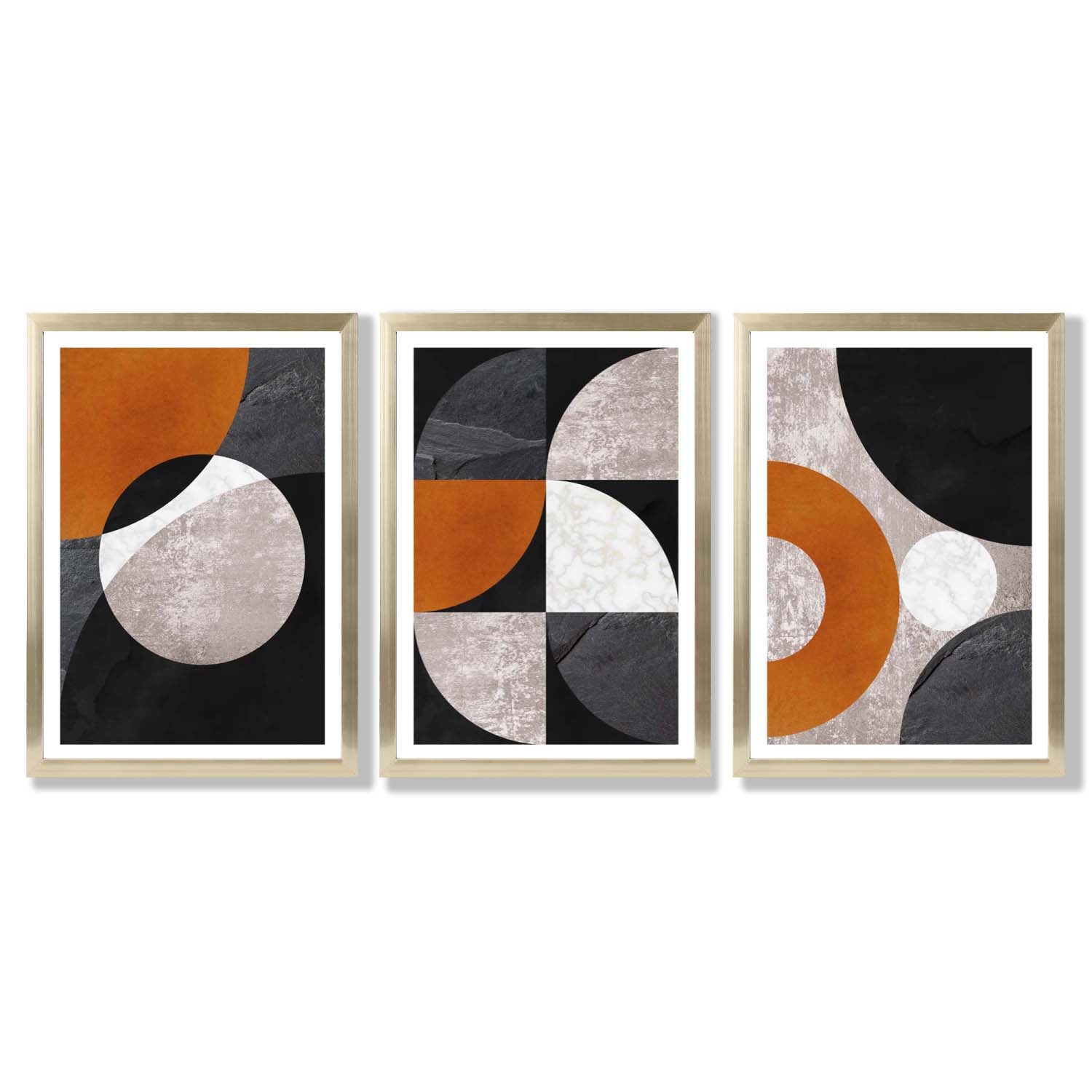 Set of 3 Black and Orange Geometric Circles Framed Art Prints with Gold Wood Frames