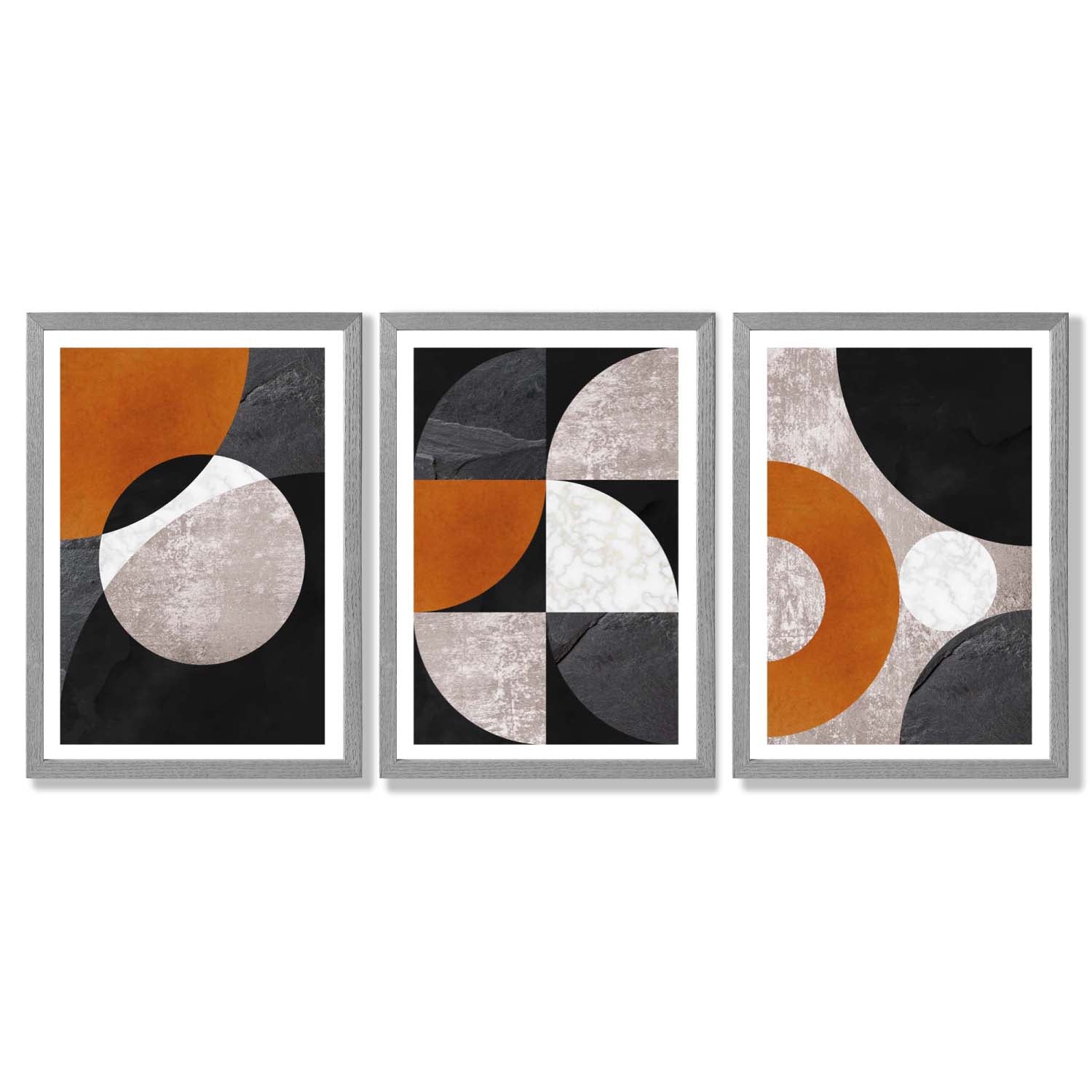 Set of 3 Black and Orange Geometric Circles Framed Art Prints with Light Grey Wooden Frames