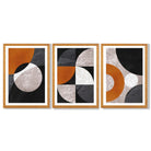 Set of 3 Black and Orange Geometric Circles Framed Art Prints with Oak Wooden Frames