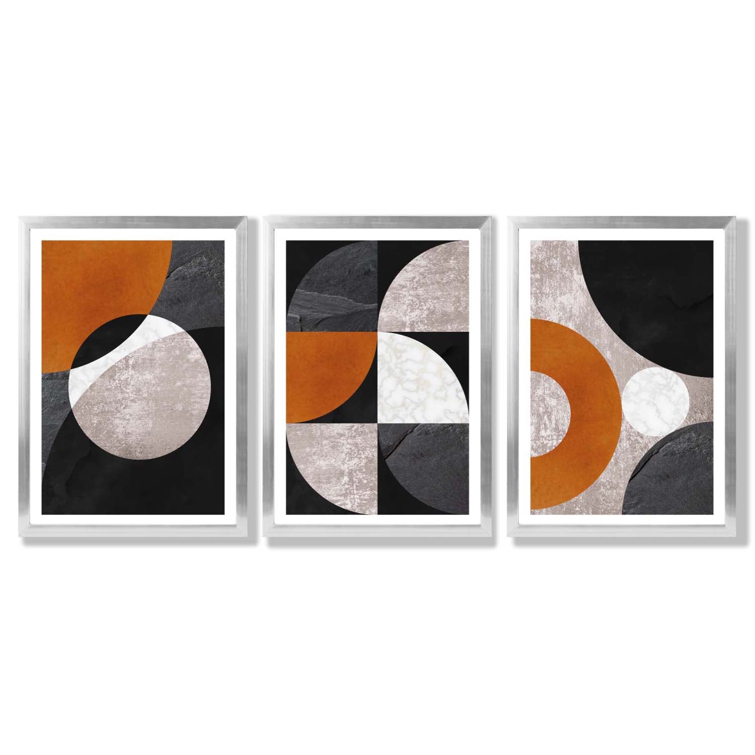 Set of 3 Black and Orange Geometric Circles Framed Art Prints with Silver Wood Frames