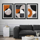 Set of 3 Black and Orange Geometric Circles Art Prints in Luxury Frames | Artze UK