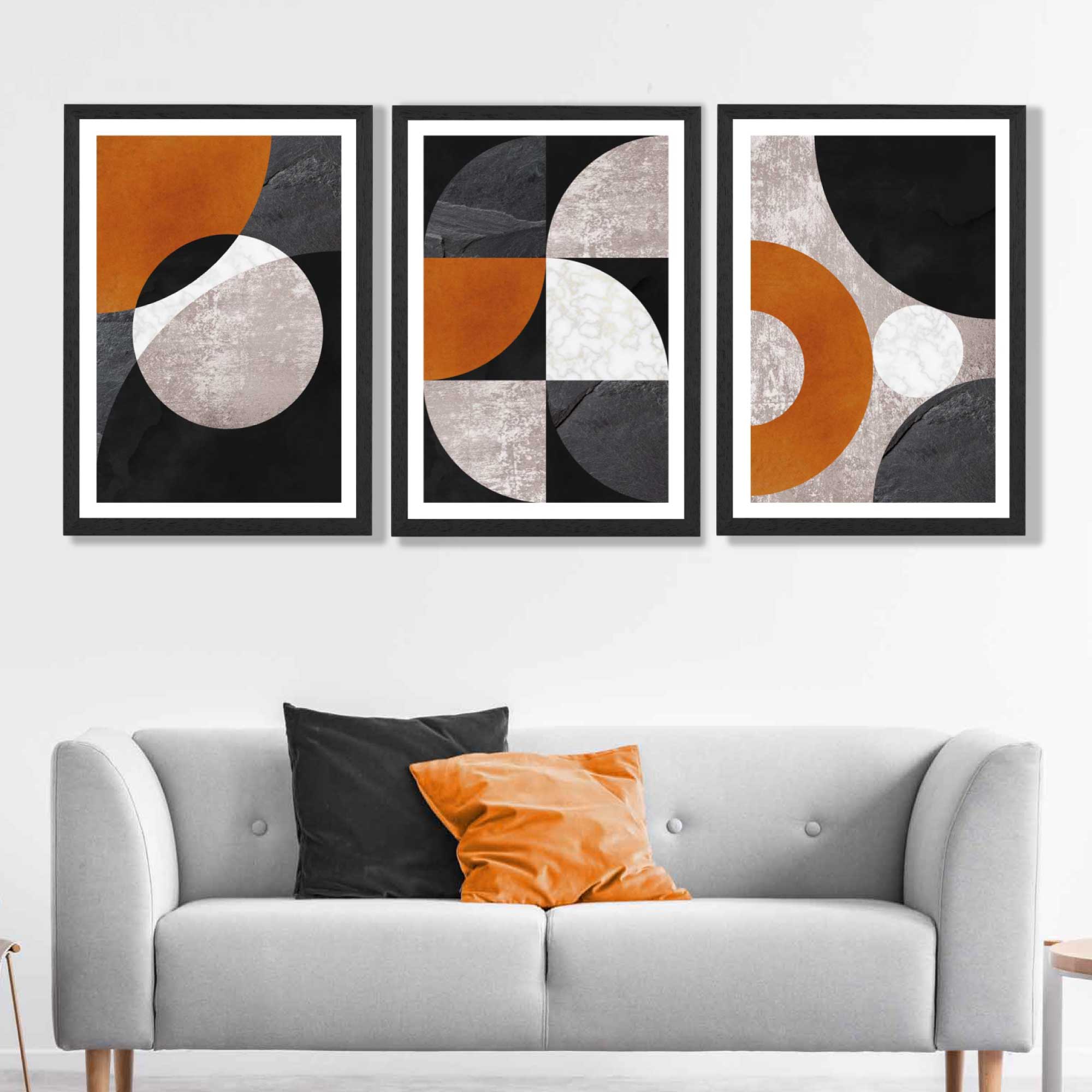 Set of 3 Black and Orange Geometric Circles Art Prints in Black Frames | Artze UK