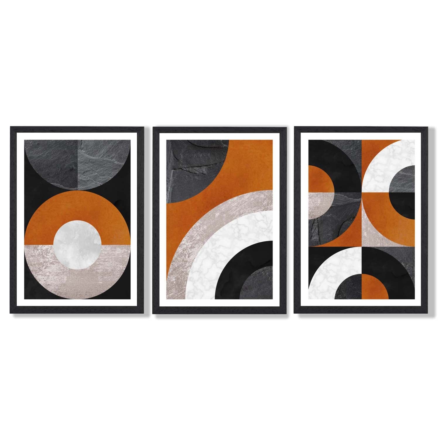 Set of 3 Black and Orange Abstract Circles Framed Art Prints with Black Wooden Frames