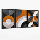 Set of 3 Black and Orange Abstract Circles Canvas Art Prints with Black Float Frame