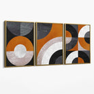 Set of 3 Black and Orange Abstract Circles Canvas Art Prints with Gold Float Frame