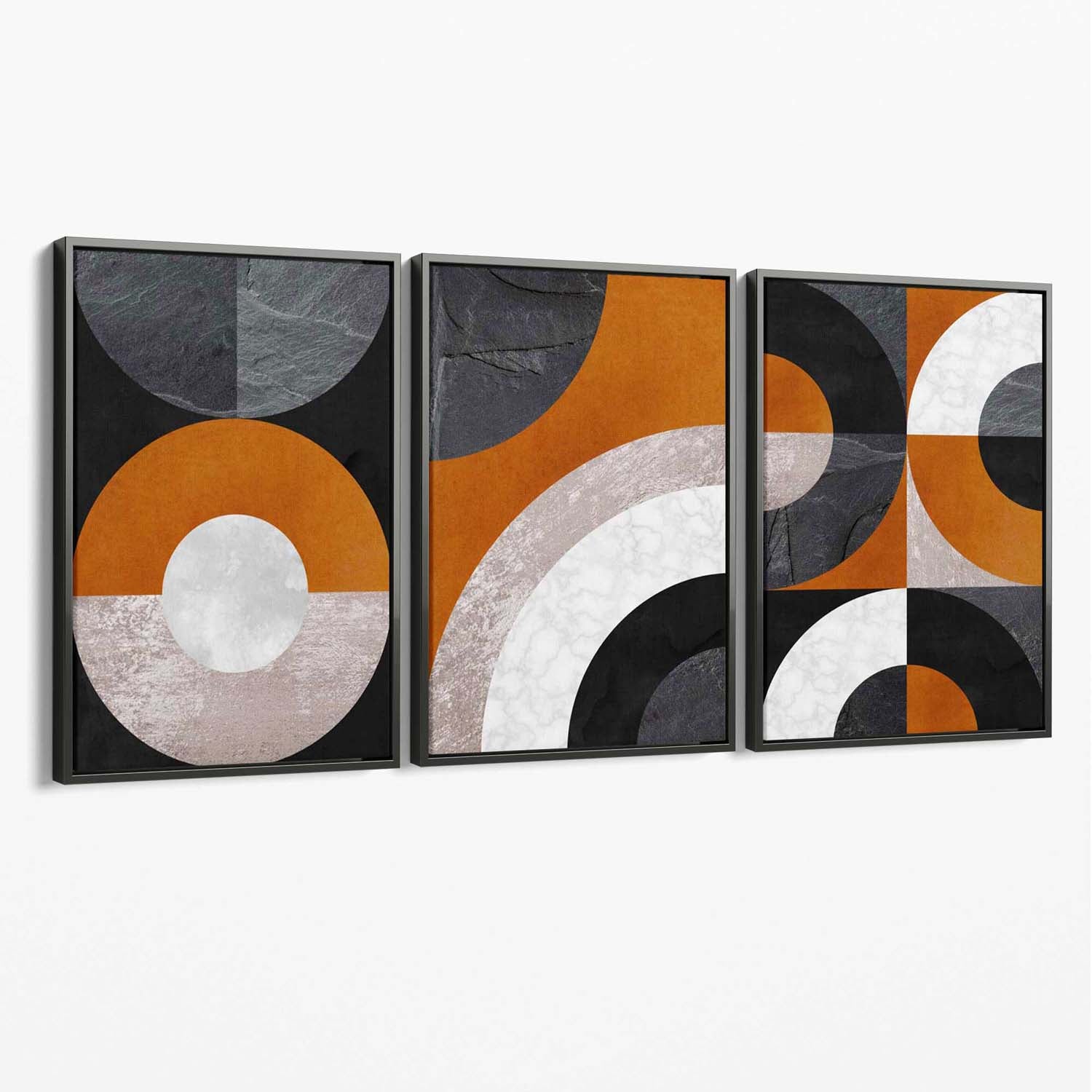 Set of 3 Black and Orange Abstract Circles Canvas Art Prints with Grey Float Frame