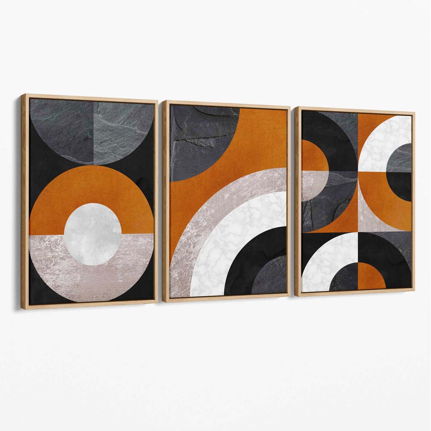 Set of 3 Black and Orange Abstract Circles Canvas Art Prints with Oak Float Frame