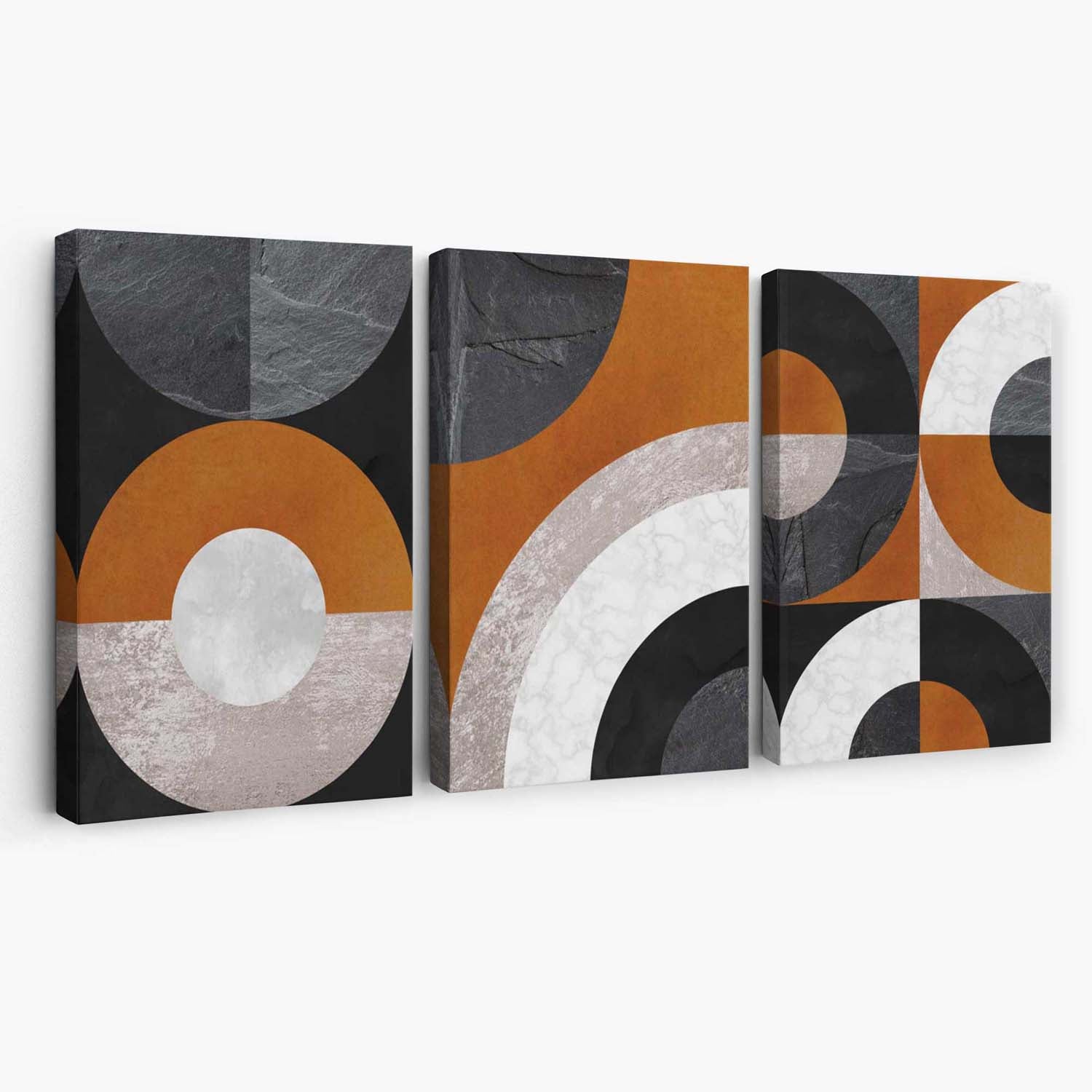 Set of 3 Black and Orange Abstract Circles Canvas Art Prints | Artze Wall Art