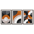 Set of 3 Black and Orange Abstract Circles Framed Art Prints with Dark Wood Frames