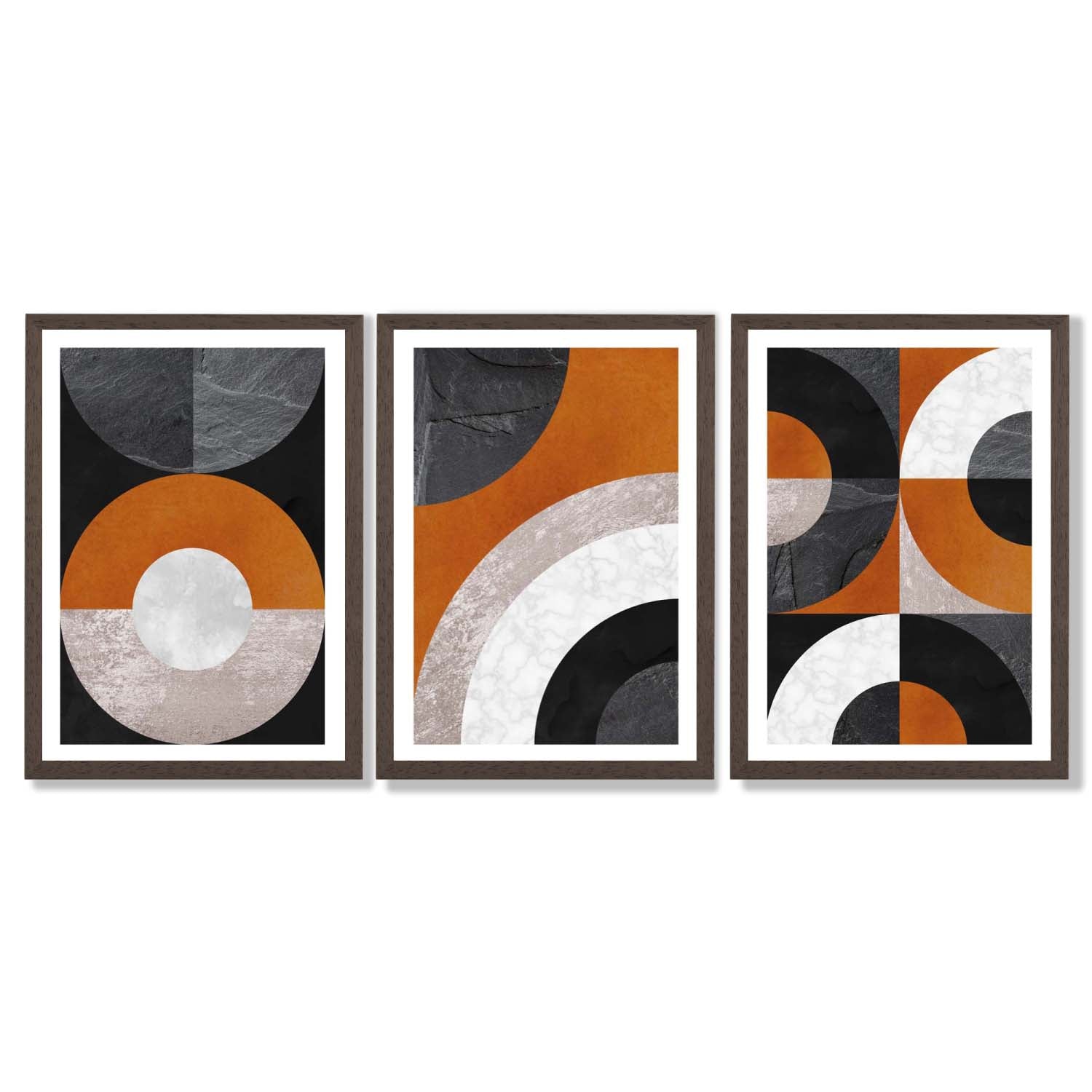 Set of 3 Black and Orange Abstract Circles Framed Art Prints with Dark Wood Frames