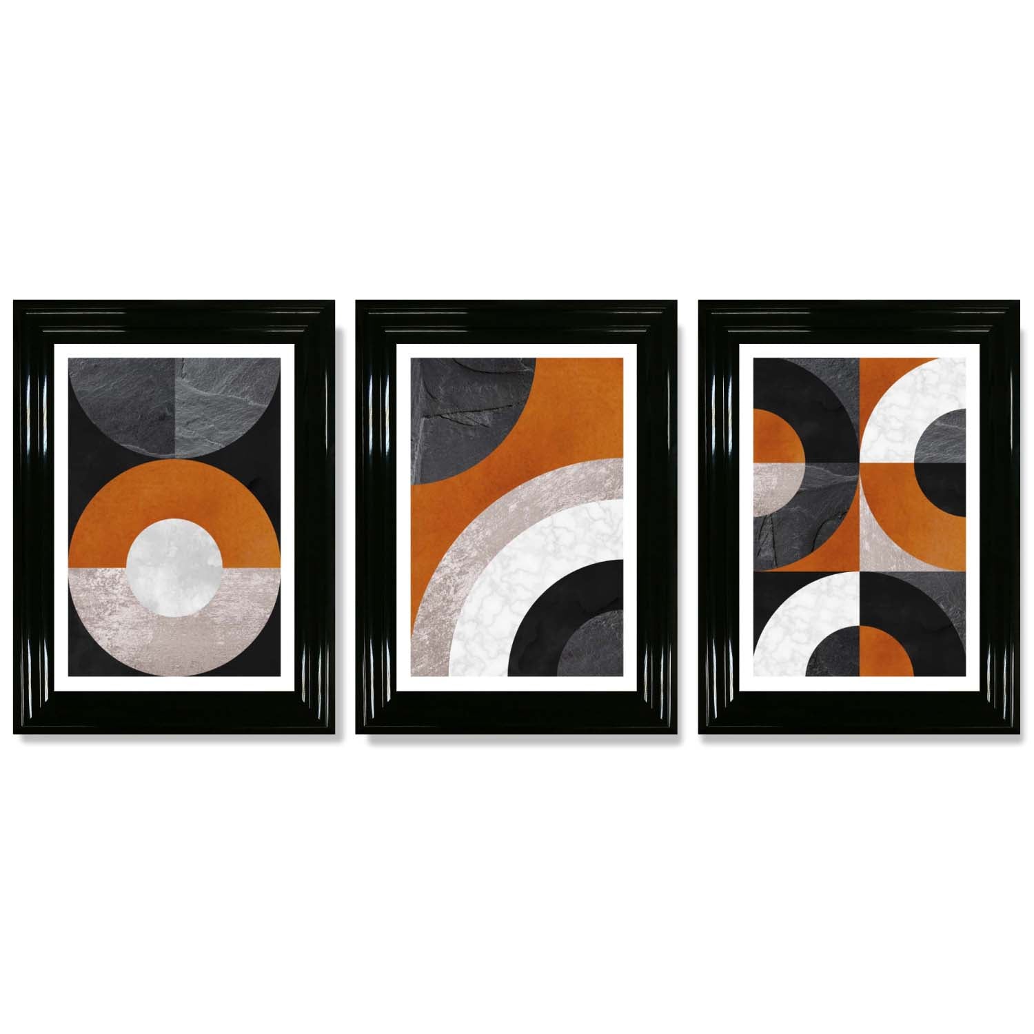 Set of 3 Black and Orange Abstract Circles Framed Art Prints with Glossy Black Frames