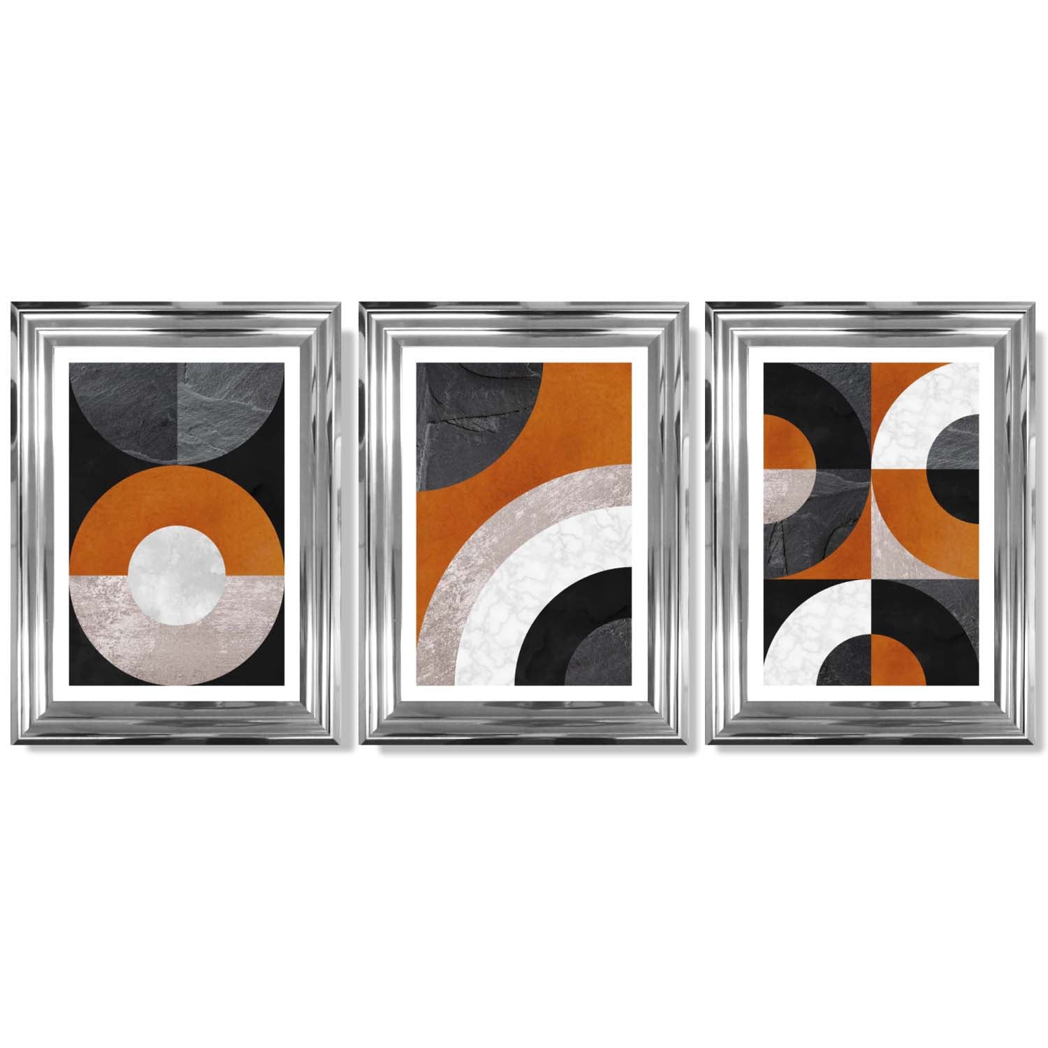 Set of 3 Black and Orange Abstract Circles Framed Art Prints with Glossy Chrome Frames