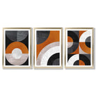 Set of 3 Black and Orange Abstract Circles Framed Art Prints with Gold Wood Frames