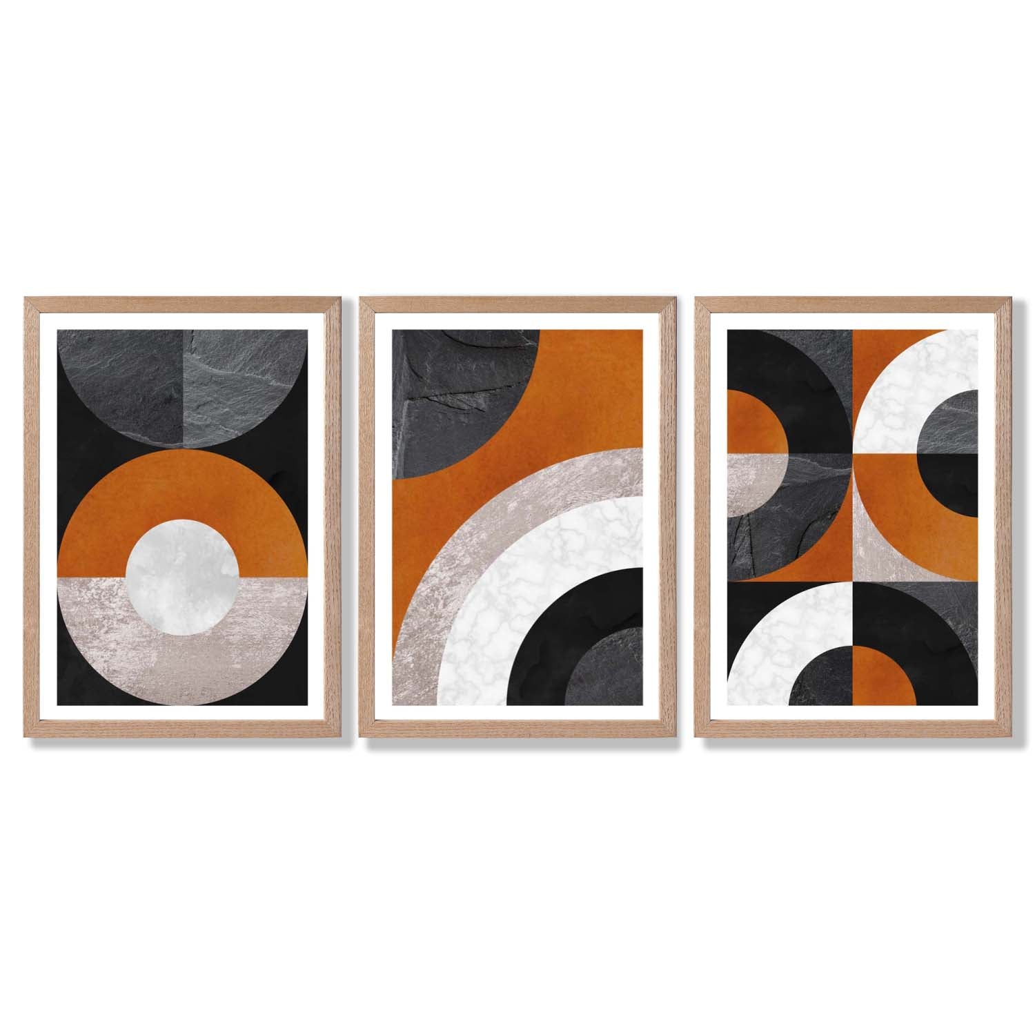 Set of 3 Black and Orange Abstract Circles Framed Art Prints with Light Oak Frames