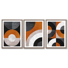 Set of 3 Black and Orange Abstract Circles Framed Art Prints with Light Walnut Frames