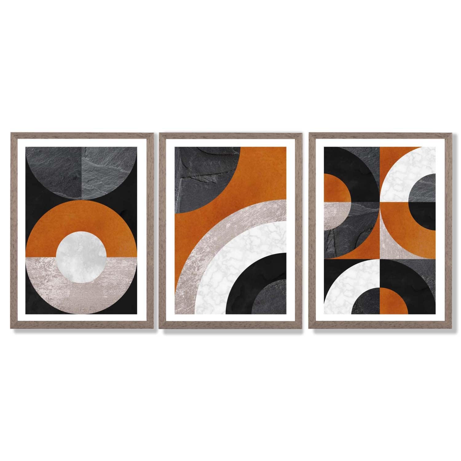 Set of 3 Black and Orange Abstract Circles Framed Art Prints with Light Walnut Frames