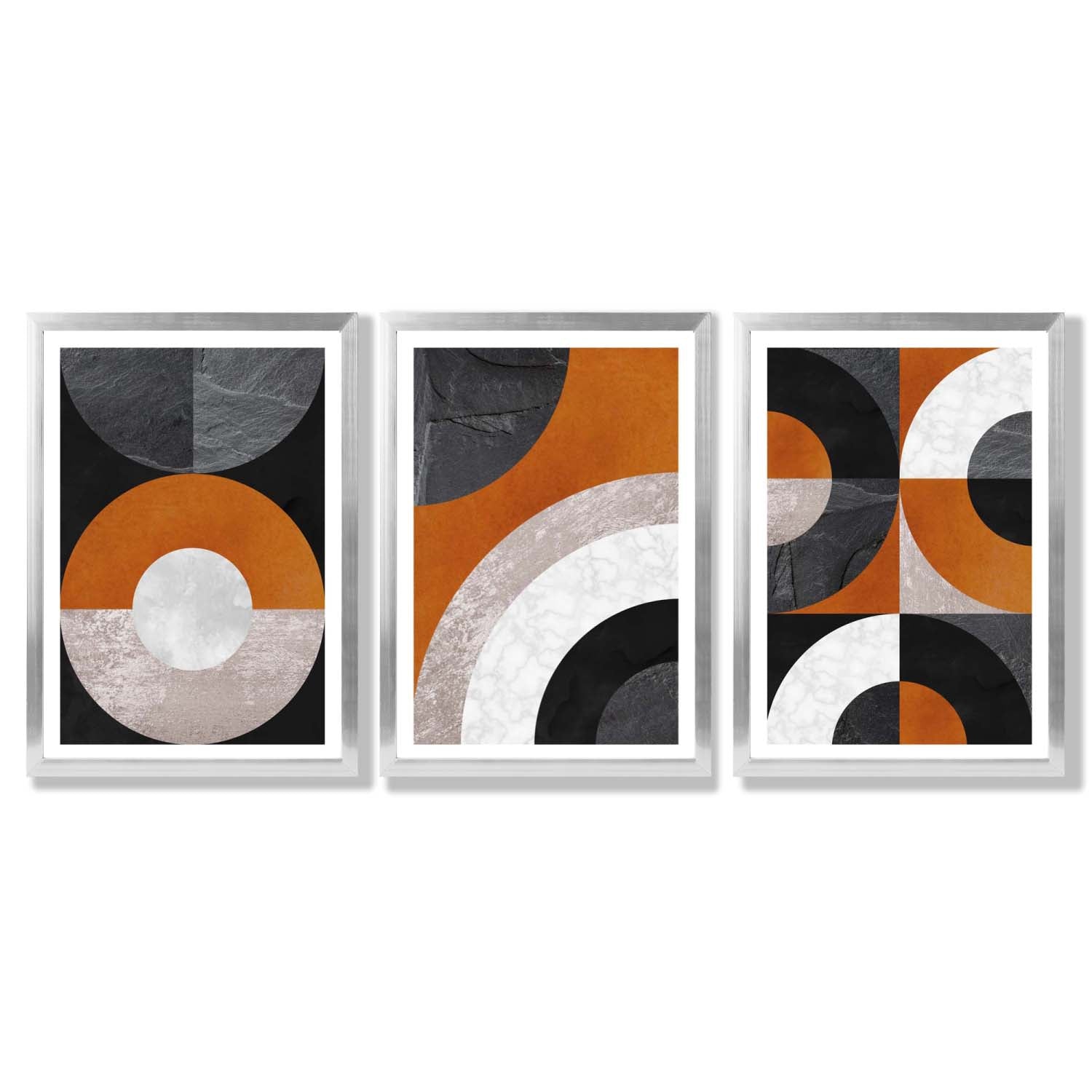 Set of 3 Black and Orange Abstract Circles Framed Art Prints with Silver Wood Frames